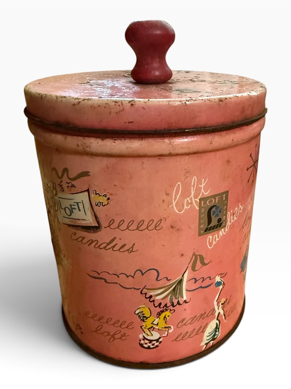 Vintage 1950s Loft Candies Pink Tin Canister with Red Wooden Knob Handle